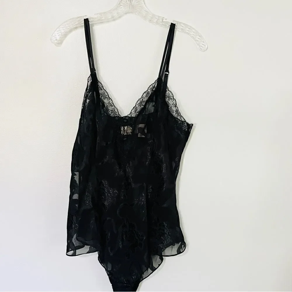 Vintage Victoria’s Secret Black Jacquard One Piece Bodysuit Negligee Great L